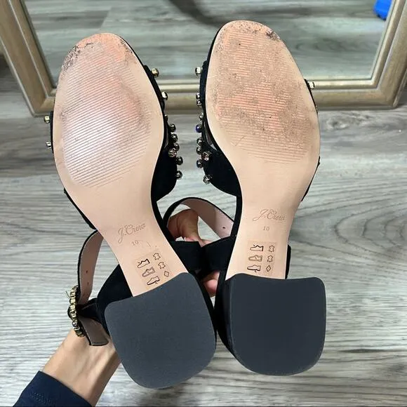 J. Crew Embellished Penny Heeled Sandals Black Suede sz 10