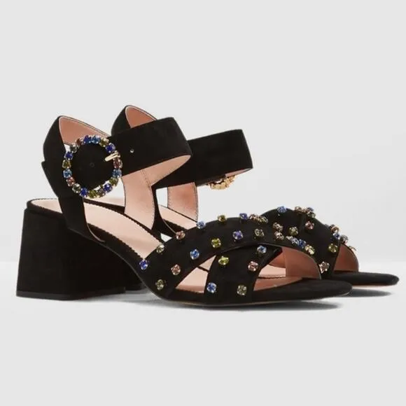 J. Crew Embellished Penny Heeled Sandals Black Suede sz 10