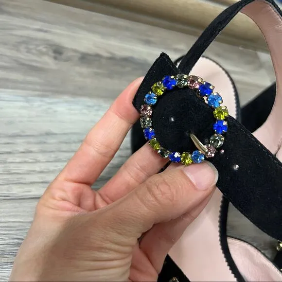 J. Crew Embellished Penny Heeled Sandals Black Suede sz 10