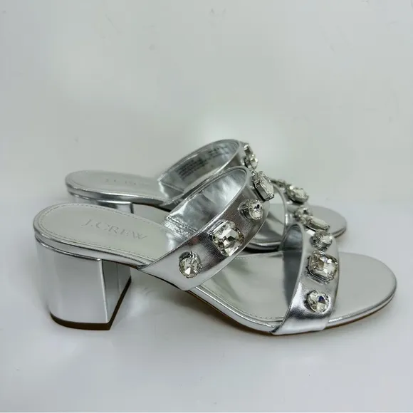 J. Crew Jewel Mule Heels Sandals Silver Size 7 BZ216 Summer Cocktail Wedding