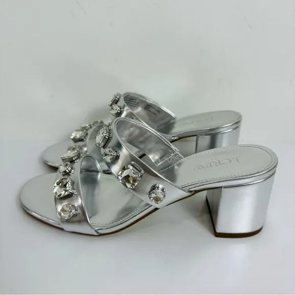 J. Crew Jewel Mule Heels Sandals Silver Size 7 BZ216 Summer Cocktail Wedding