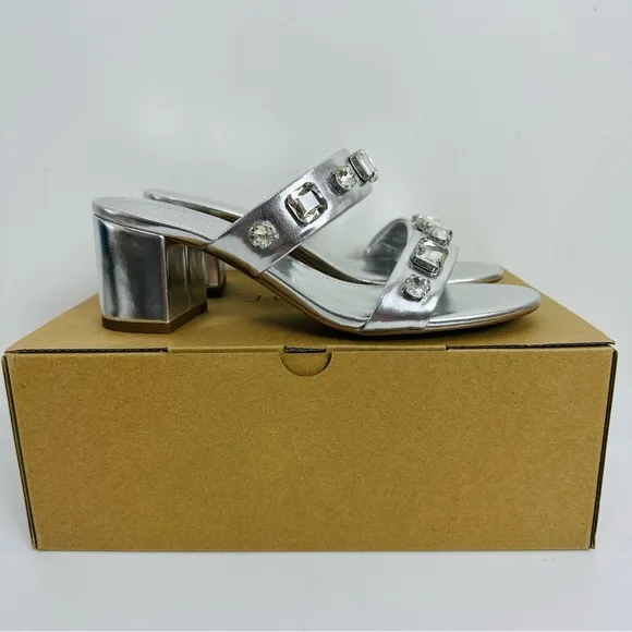 J. Crew Jewel Mule Heels Sandals Silver Size 7 BZ216 Summer Cocktail Wedding