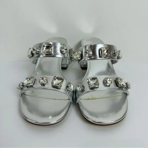 J. Crew Jewel Mule Heels Sandals Silver Size 7 BZ216 Summer Cocktail Wedding