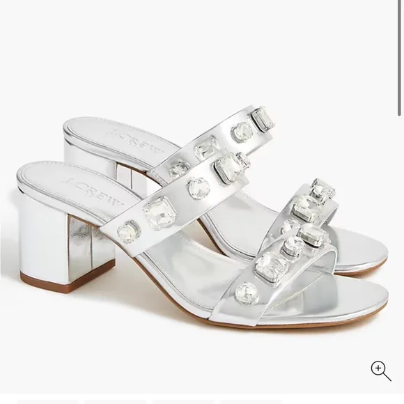 J. Crew Jewel Mule Heels Sandals Silver Size 7 BZ216 Summer Cocktail Wedding