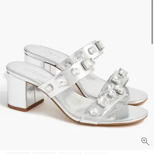 J. Crew Jewel Mule Heels Sandals Silver Size 7 BZ216 Summer Cocktail Wedding