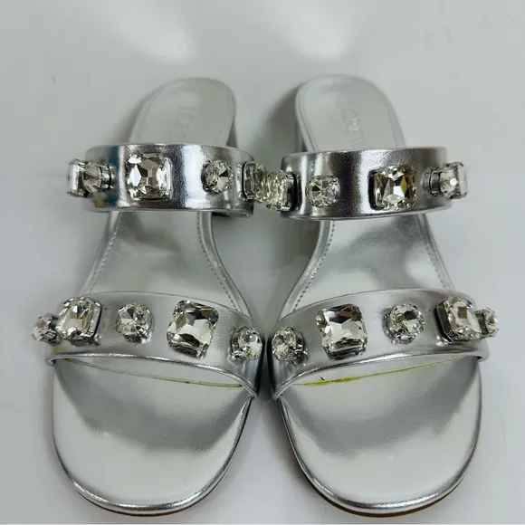 J. Crew Jewel Mule Heels Sandals Silver Size 7 BZ216 Summer Cocktail Wedding