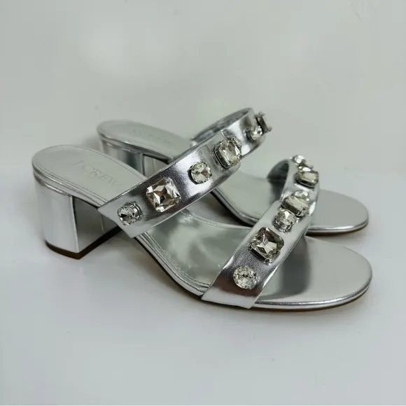 J. Crew Jewel Mule Heels Sandals Silver Size 7 BZ216 Summer Cocktail Wedding