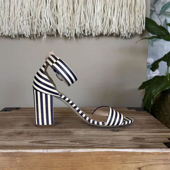J. Crew Leather Light Cream Navy Stripe Ankle Strap Open Toe Block Heel Sandals