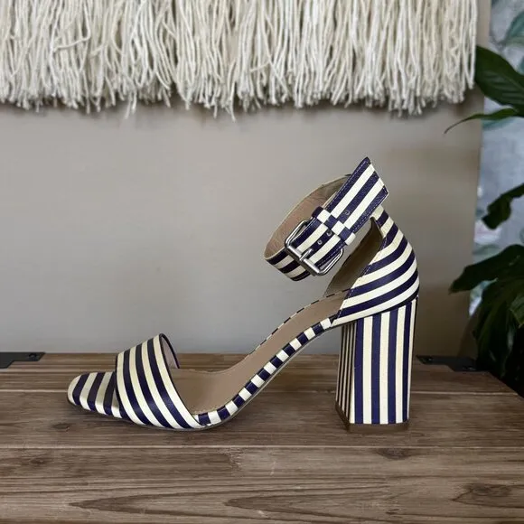 J. Crew Leather Light Cream Navy Stripe Ankle Strap Open Toe Block Heel Sandals