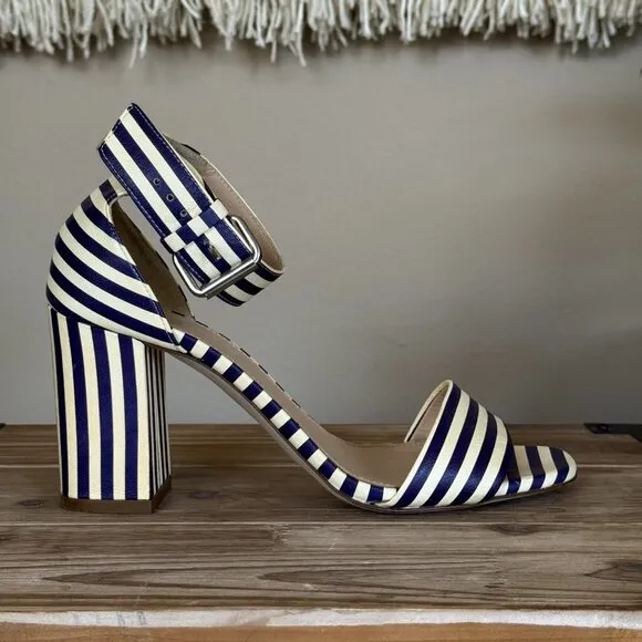 J. Crew Leather Light Cream Navy Stripe Ankle Strap Open Toe Block Heel Sandals