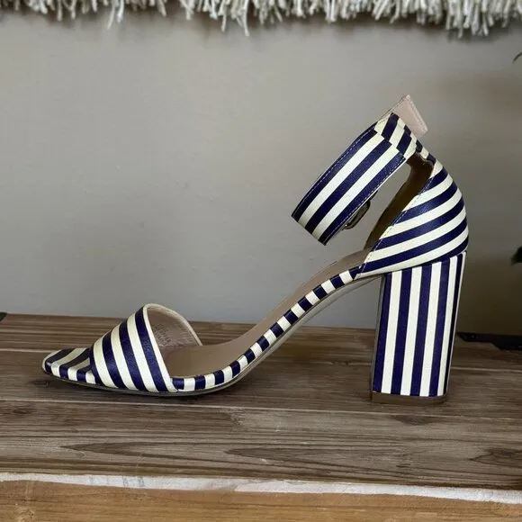 J. Crew Leather Light Cream Navy Stripe Ankle Strap Open Toe Block Heel Sandals