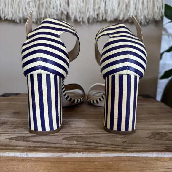 J. Crew Leather Light Cream Navy Stripe Ankle Strap Open Toe Block Heel Sandals