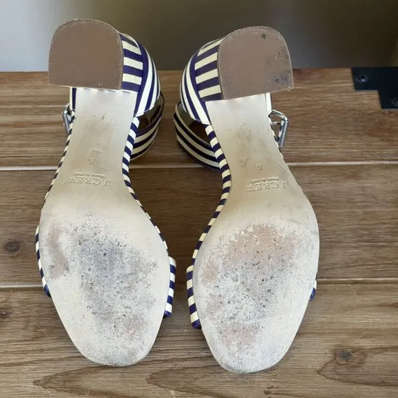 J. Crew Leather Light Cream Navy Stripe Ankle Strap Open Toe Block Heel Sandals