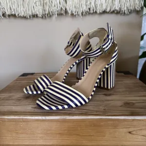 J. Crew Leather Light Cream Navy Stripe Ankle Strap Open Toe Block Heel Sandals