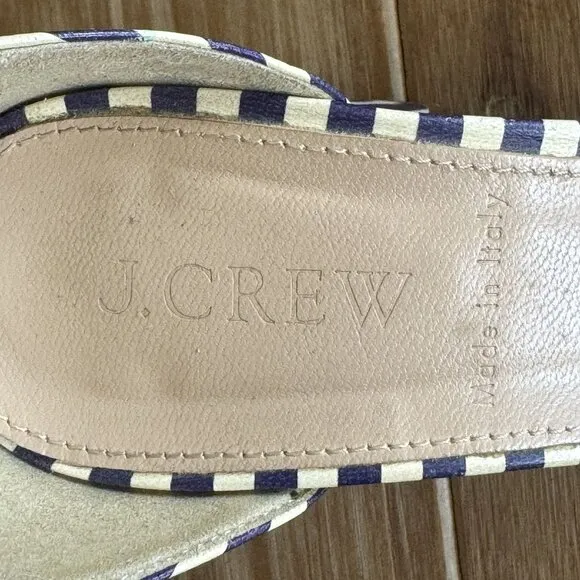 J. Crew Leather Light Cream Navy Stripe Ankle Strap Open Toe Block Heel Sandals