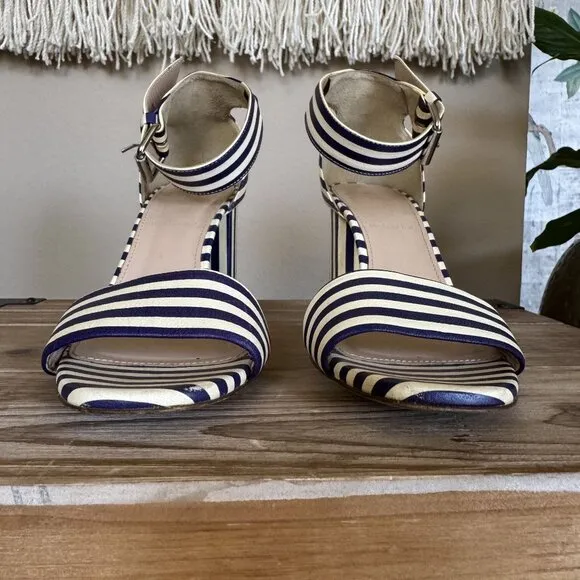 J. Crew Leather Light Cream Navy Stripe Ankle Strap Open Toe Block Heel Sandals