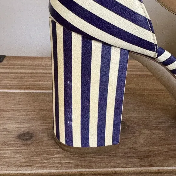 J. Crew Leather Light Cream Navy Stripe Ankle Strap Open Toe Block Heel Sandals