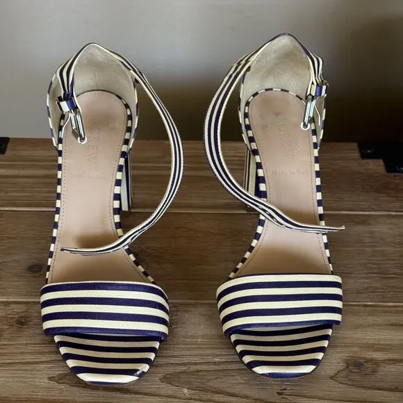J. Crew Leather Light Cream Navy Stripe Ankle Strap Open Toe Block Heel Sandals
