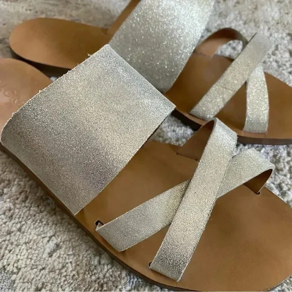 J. Crew Metallic Shimmer Gold Bali Glitter Leather Sandals Slides Flip Flops: 9