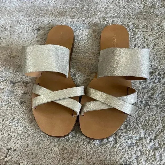J. Crew Metallic Shimmer Gold Bali Glitter Leather Sandals Slides Flip Flops: 9