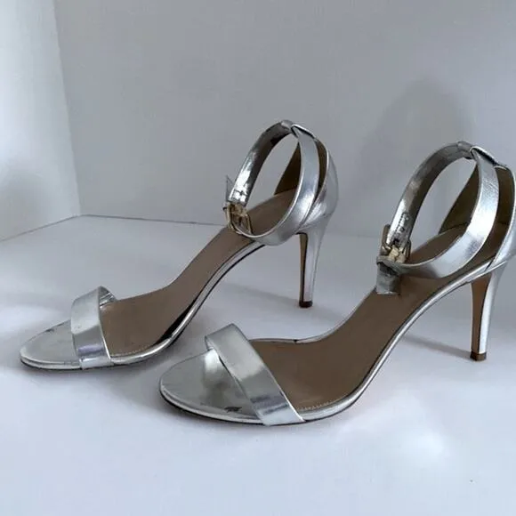 J. Crew Size 9 Silver Heels Ankle one strap Strappy OpenToe Sandals gold buckle