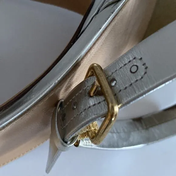 J. Crew Size 9 Silver Heels Ankle one strap Strappy OpenToe Sandals gold buckle