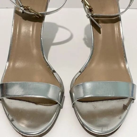 J. Crew Size 9 Silver Heels Ankle one strap Strappy OpenToe Sandals gold buckle