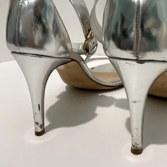 J. Crew Size 9 Silver Heels Ankle one strap Strappy OpenToe Sandals gold buckle