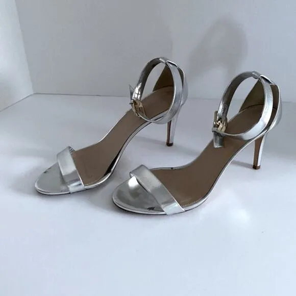 J. Crew Size 9 Silver Heels Ankle one strap Strappy OpenToe Sandals gold buckle