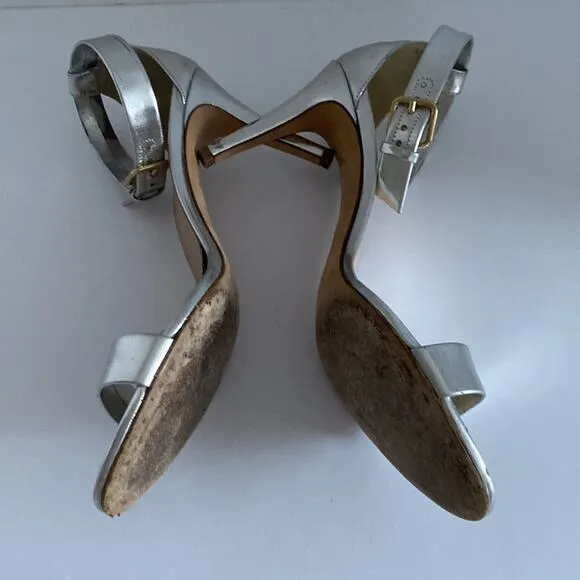 J. Crew Size 9 Silver Heels Ankle one strap Strappy OpenToe Sandals gold buckle
