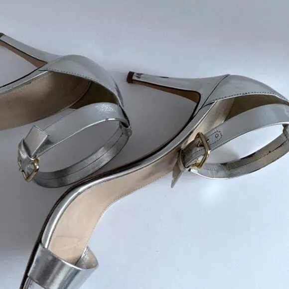 J. Crew Size 9 Silver Heels Ankle one strap Strappy OpenToe Sandals gold buckle