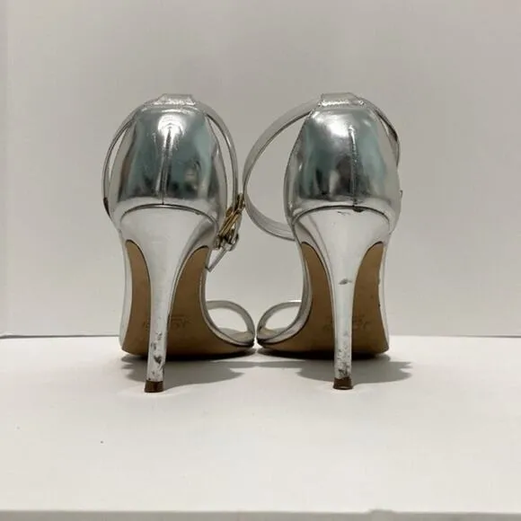 J. Crew Size 9 Silver Heels Ankle one strap Strappy OpenToe Sandals gold buckle