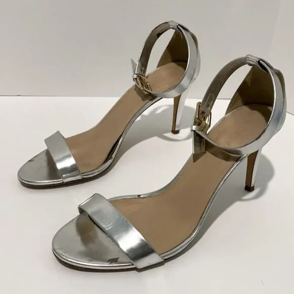J. Crew Size 9 Silver Heels Ankle one strap Strappy OpenToe Sandals gold buckle