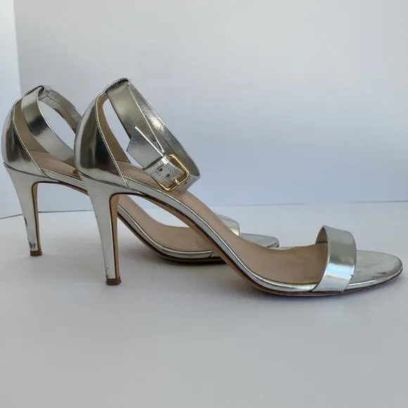 J. Crew Size 9 Silver Heels Ankle one strap Strappy OpenToe Sandals gold buckle