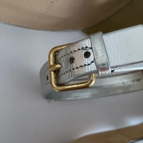 J. Crew Size 9 Silver Heels Ankle one strap Strappy OpenToe Sandals gold buckle