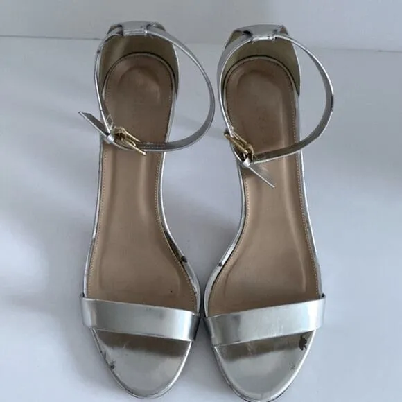 J. Crew Size 9 Silver Heels Ankle one strap Strappy OpenToe Sandals gold buckle