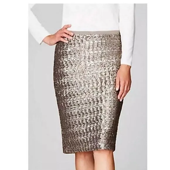 J. Jill Silver Sequin Elastic Waistband Midi Pencil Skirt Size S EUC