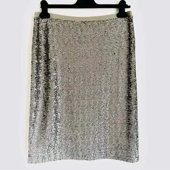 J. Jill Silver Sequin Elastic Waistband Midi Pencil Skirt Size S EUC