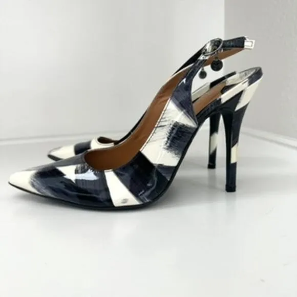 J Renee Slingback Heels Black White Abstract Print Pointed Toe 9.5M NWOT