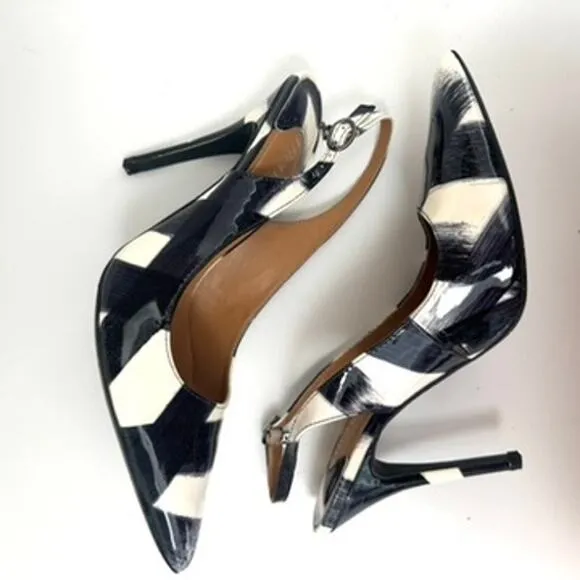 J Renee Slingback Heels Black White Abstract Print Pointed Toe 9.5M NWOT