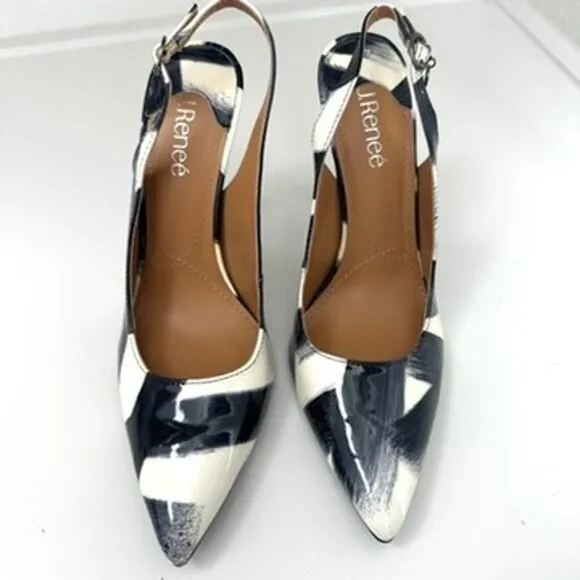 J Renee Slingback Heels Black White Abstract Print Pointed Toe 9.5M NWOT