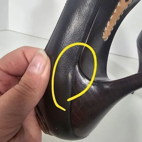 J Vincent Black  Leather Brown Ribbon Bow Heels Pumps Shoes Size 7.5 Imperfect