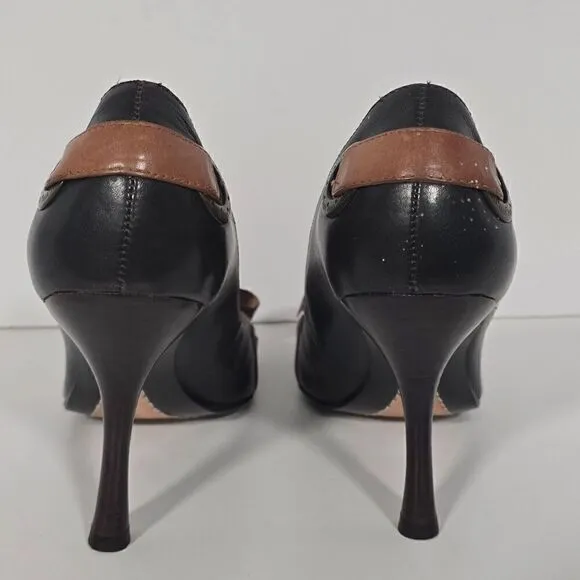 J Vincent Black  Leather Brown Ribbon Bow Heels Pumps Shoes Size 7.5 Imperfect