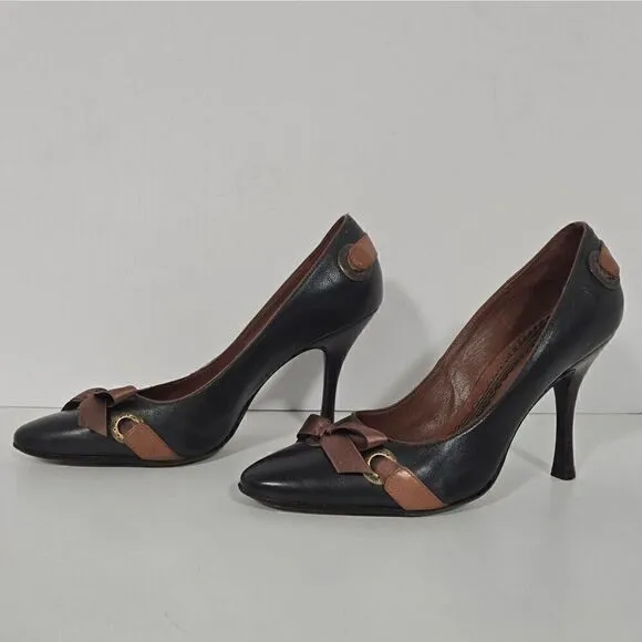 J Vincent Black  Leather Brown Ribbon Bow Heels Pumps Shoes Size 7.5 Imperfect