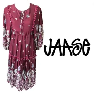 JAASE Palace Midi Dress Bohemian Burgundy Gypsy Print Pom Pom Detailing - L
