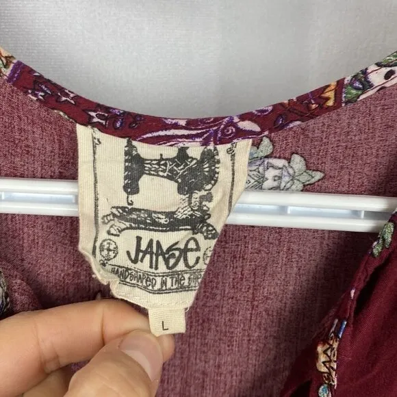 JAASE Palace Midi Dress Bohemian Burgundy Gypsy Print Pom Pom Detailing - L