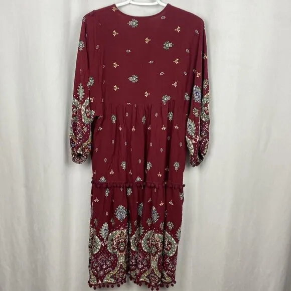 JAASE Palace Midi Dress Bohemian Burgundy Gypsy Print Pom Pom Detailing - L