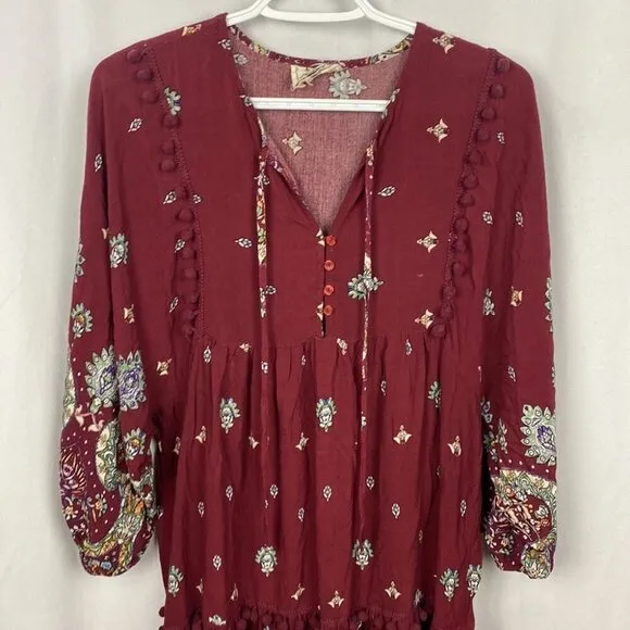 JAASE Palace Midi Dress Bohemian Burgundy Gypsy Print Pom Pom Detailing - L