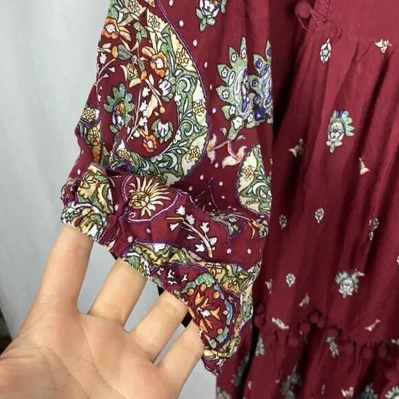 JAASE Palace Midi Dress Bohemian Burgundy Gypsy Print Pom Pom Detailing - L