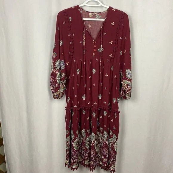 JAASE Palace Midi Dress Bohemian Burgundy Gypsy Print Pom Pom Detailing - L